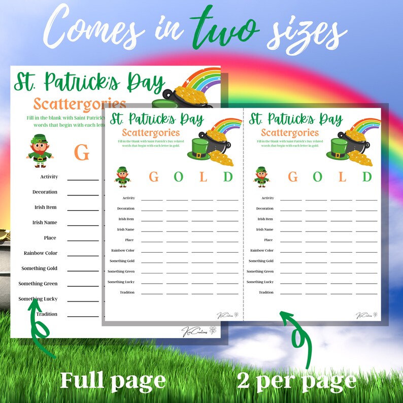 May include: Printable St. Patrick's Day Scattergories game with two different sizes. The game includes a list of categories to fill in with words that start with the letters G, O, L, and D. The game is perfect for a St. Patrick's Day party or celebration.