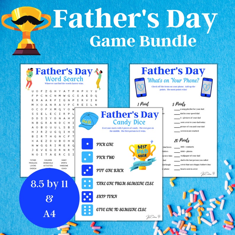 以下が含まれることがあります： 父の日のゲームバンドルには、3つの印刷可能なゲームが含まれています。単語検索、携帯電話にあるものゲーム、キャンディーダイスゲームです。ゲームは、カラフルなスプリンクルが散りばめられた青い背景に印刷されています。