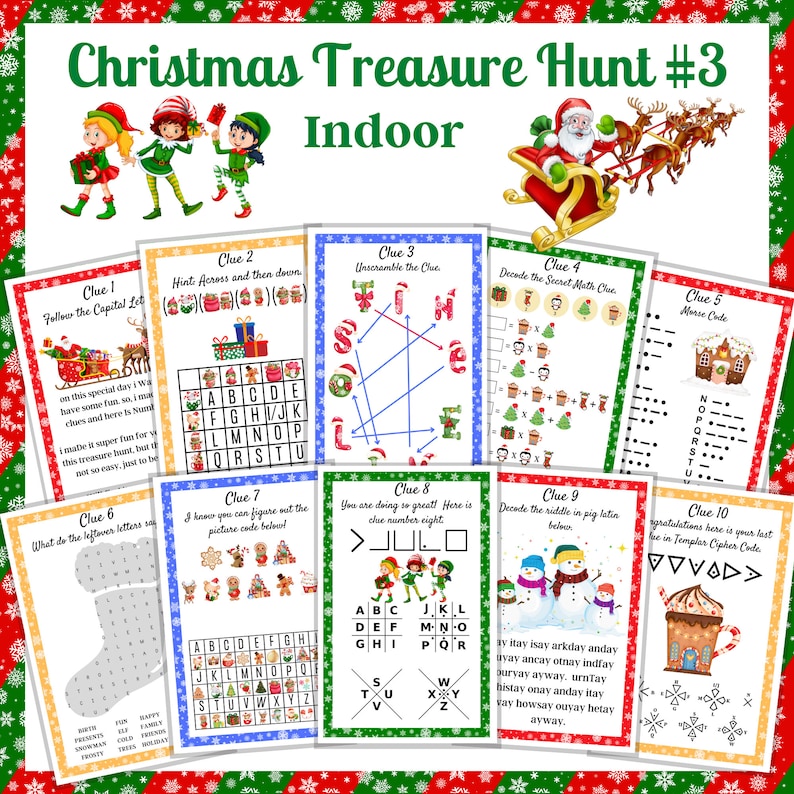 May include: A Christmas treasure hunt game with ten clues for children. The game features a variety of puzzles, including a word search, a code breaker, a maths puzzle, and a morse code puzzle. The game is designed for indoor use.
