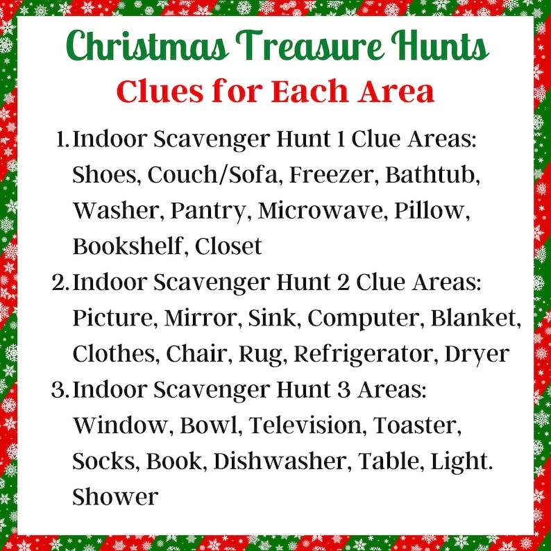 May include: A red and green striped background with white snowflakes. The text "Christmas Treasure Hunts" is in a white font with a red outline. The text "Clues for Each Area" is in a white font with a green outline. The text lists three indoor scavenger hunts with clues for each area.