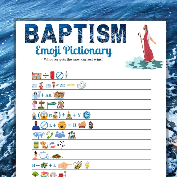 Battesimo Emoji Pictionary, Gioco di battesimo, Gioco della Bibbia, Gioco della Chiesa, Gioco per famiglie