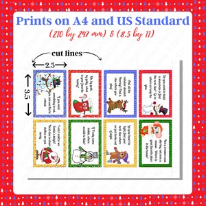 May include: A set of eight printable Christmas-themed game cards featuring illustrations of Santa Claus, a snowman, a reindeer, and a mouse. The cards include text such as "Do you want to build a snowman or find the next clue?" and "Not a creature was stirring, not even a mouse. Where is your favorite place in the house?" The cards are designed to be cut out and used for a Christmas scavenger hunt game.