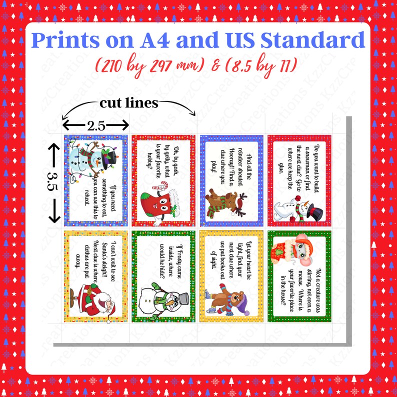 May include: A set of eight printable Christmas-themed game cards featuring illustrations of Santa Claus, a snowman, a reindeer, and a mouse. The cards include text such as "Do you want to build a snowman or find the next clue?" and "Not a creature was stirring, not even a mouse. Where is your favorite place in the house?" The cards are designed to be cut out and used for a Christmas scavenger hunt game.
