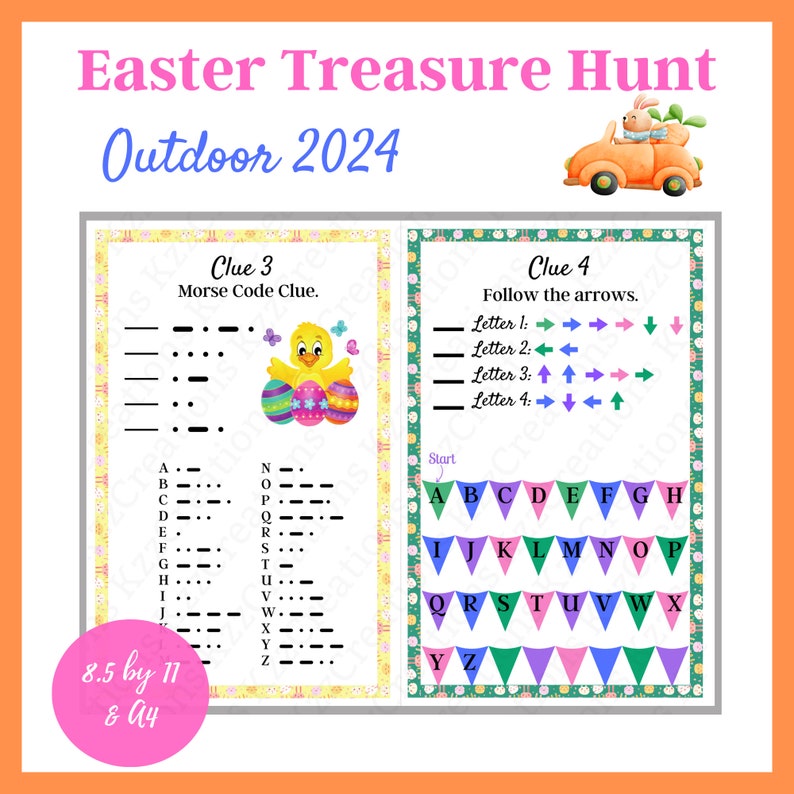 Easter Treasure Hunt Clue 3 and 4.  Number 3 is Morse Code and clue 4 is follow the arrows.
