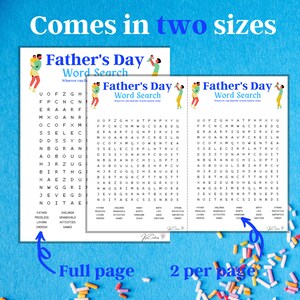 以下が含まれることがあります： 父の日の単語検索パズルを2つ印刷できます。大きなパズルは1ページ全体で、小さなパズルは1ページに2つです。パズルは、カラフルなスプリンクルと、父と子の漫画のイラストが描かれた青い背景を特徴としています。