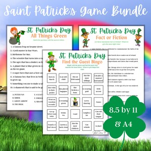 May include: A printable St. Patrick's Day game bundle with three different games: All Things Green, Fact or Fiction, and Find the Guest Bingo. The games are designed for 8.5 by 11 inch paper or A4 paper.