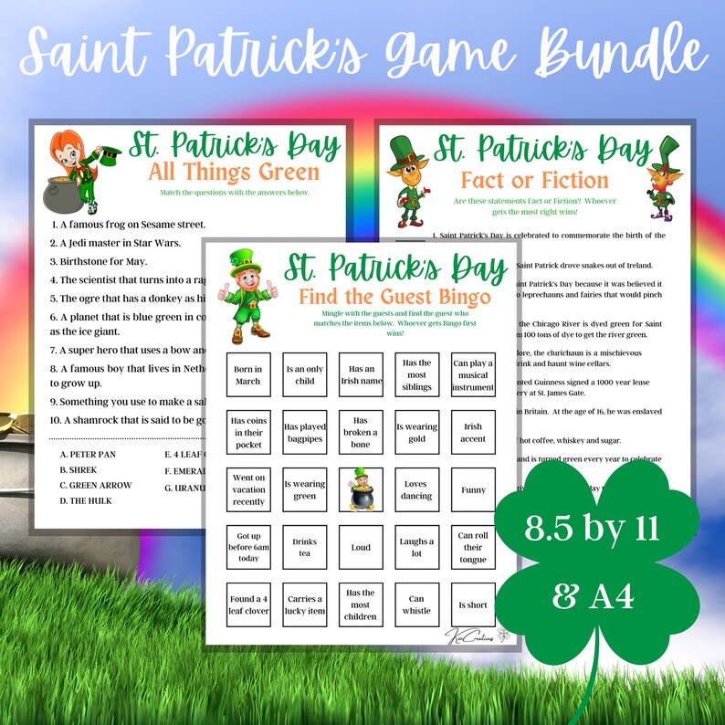 May include: A printable St. Patrick's Day game bundle with three different games: All Things Green, Fact or Fiction, and Find the Guest Bingo. The games are designed for 8.5 by 11 inch paper or A4 paper.