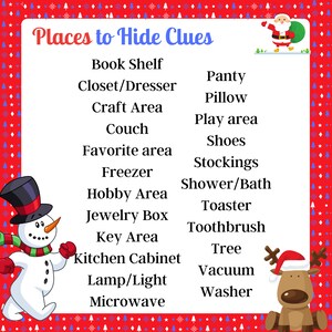 May include: A red and white Christmas-themed list of places to hide clues. The list includes items like "Book Shelf", "Closet/Dresser", "Craft Area", "Couch", "Favorite area", "Freezer", "Hobby Area", "Jewelry Box", "Key Area", "Kitchen Cabinet", "Lamp/Light", "Microwave", "Panty", "Pillow", "Play area", "Shoes", "Stockings", "Shower/Bath", "Toaster", "Toothbrush", "Tree", "Vacuum", and "Washer".