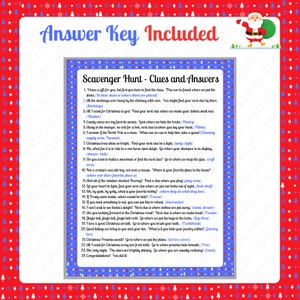 May include: A printable scavenger hunt game with a Christmas theme. The game includes clues and answers for a fun holiday activity. The clues are written in a festive font with red and white text.