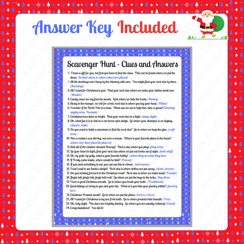 May include: A printable scavenger hunt game with a Christmas theme. The game includes clues and answers for a fun holiday activity. The clues are written in a festive font with red and white text.