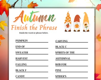 Automne terminer la phrase, jeu d'automne imprimable, activité d'automne pour adultes et enfants, jeu d'automne amusant, Halloween, Thanksgiving