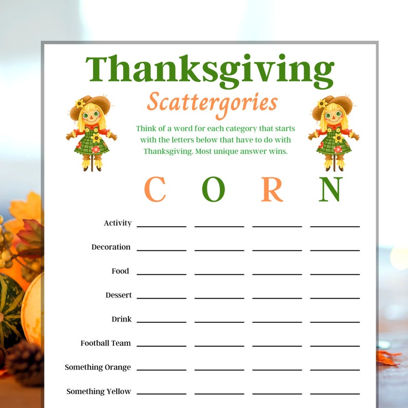 Thanksgiving Scattergories Printable Game Thanksgiving - Etsy