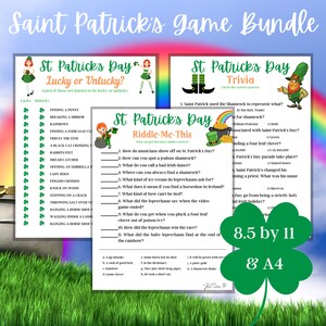 May include: A printable St. Patrick's Day game bundle with three different games: Lucky or Unlucky, Riddle Me This, and Trivia. The games feature shamrocks, leprechauns, and rainbows. The bundle is 8.5 inches by 11 inches and also available in A4 size.