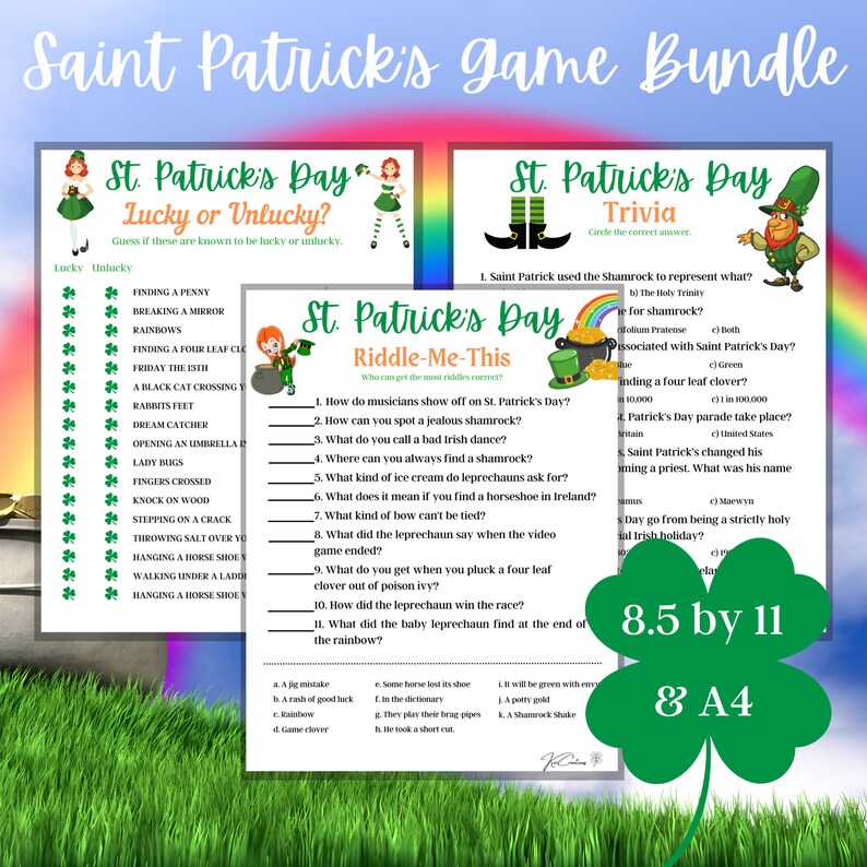 May include: A printable St. Patrick's Day game bundle with three different games: Lucky or Unlucky, Riddle Me This, and Trivia. The games feature shamrocks, leprechauns, and rainbows. The bundle is 8.5 inches by 11 inches and also available in A4 size.