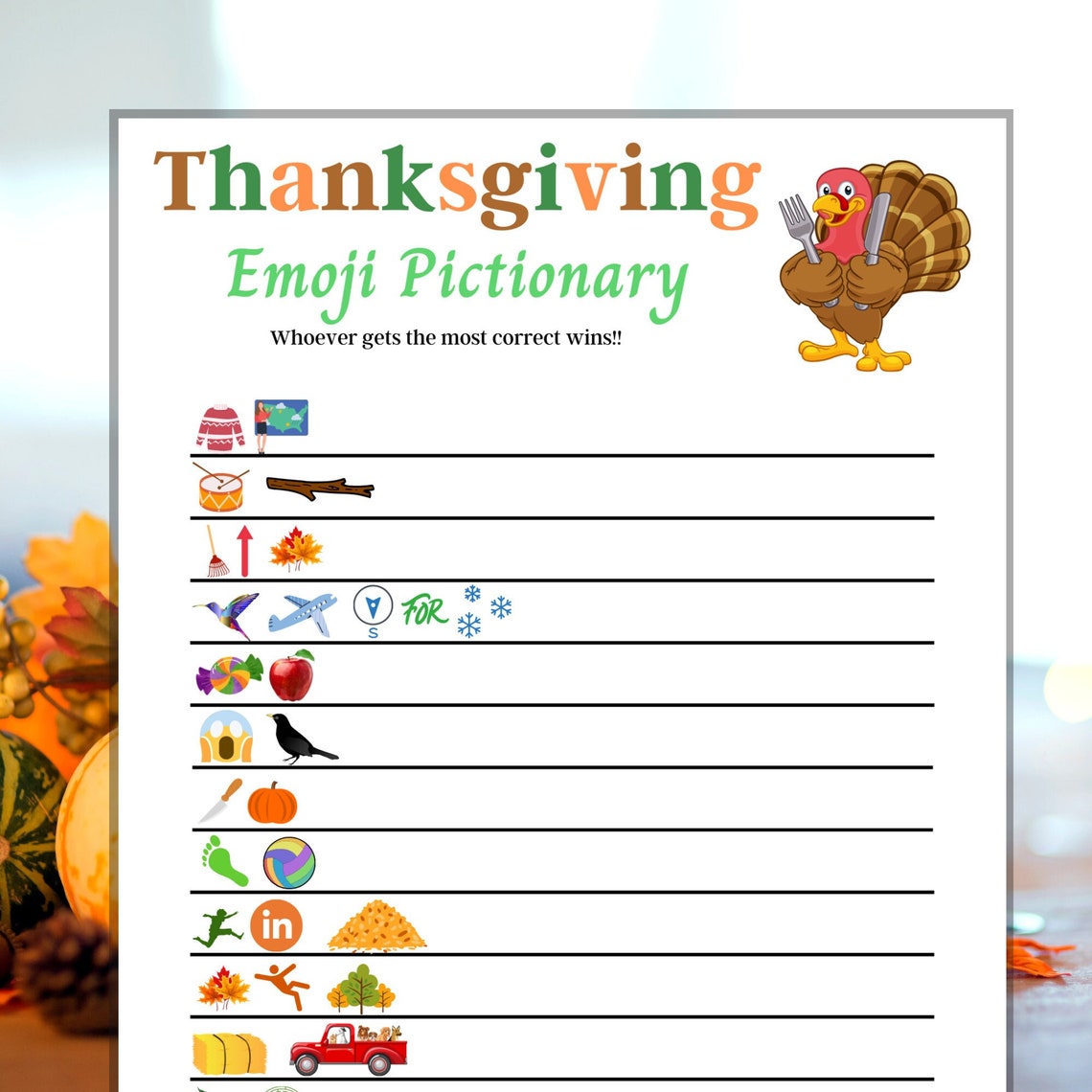 Thanksgiving Emoji Pictionary Printable Game Thanksgiving - Etsy