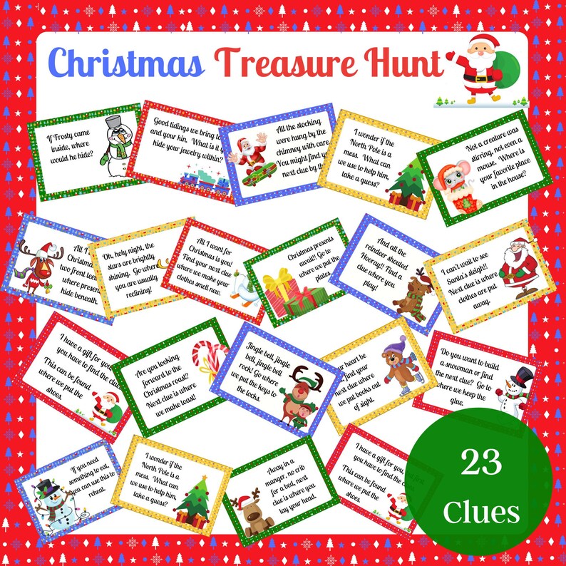 May include: A Christmas treasure hunt game with 23 clues. Each clue is on a colorful card with an illustration and a riddle. The cards feature Santa Claus, reindeer, a snowman, a mouse, and other Christmas characters.