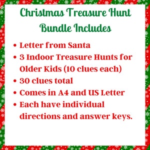 May include: A red and green Christmas-themed printable treasure hunt bundle for older children. The bundle includes a letter from Santa, 3 indoor treasure hunts with 10 clues each, and answer keys. The text on the image reads "Christmas Treasure Hunt Bundle Includes".