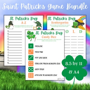 May include: A printable St. Patrick's Day game bundle with four different games: A-Z, Scattergories, Candy Dice, and a word search. The games are printed on white paper with green shamrock and leprechaun illustrations. The bundle is 8.5 inches by 11 inches and also available in A4 size.