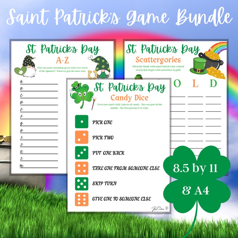 May include: A printable St. Patrick's Day game bundle with four different games: A-Z, Scattergories, Candy Dice, and a word search. The games are printed on white paper with green shamrock and leprechaun illustrations. The bundle is 8.5 inches by 11 inches and also available in A4 size.