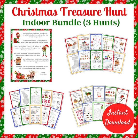 Christmas Treasure Hunt, Letter from Santa, 3 Indoor Hunts (Instant Download)