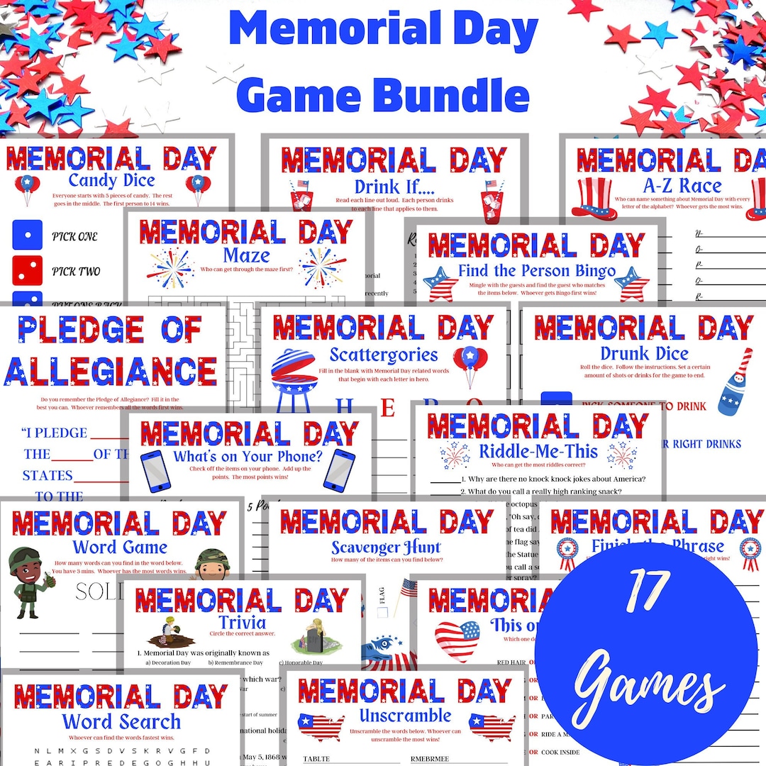 Memorial Day Game Bundle Printable Family Games Virtual