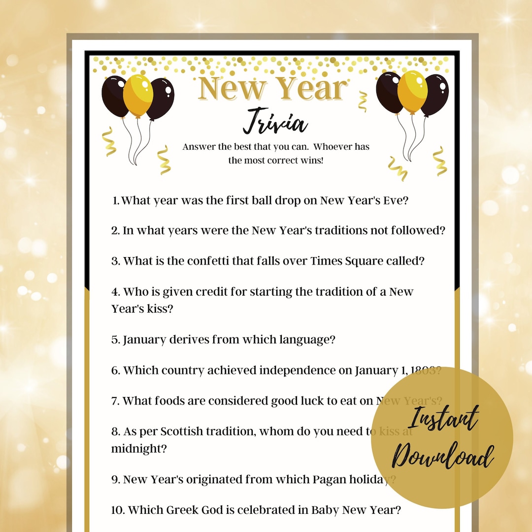 New Years Eve Trivia Game, Printable NYE Game, Activity for Families