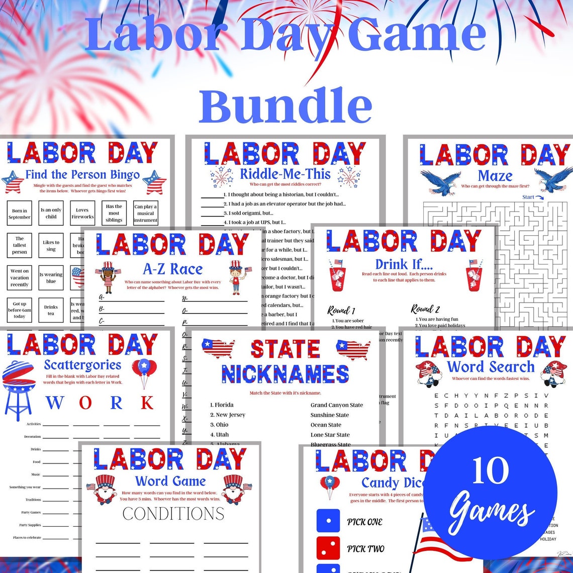 Labor Day Game Bundle, 10 Games, Printable Family Games, Kids Labor day Games, Adult Labor Day Games, Games for Seniors, Labor Day Activity image 1