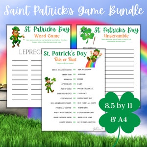 May include: A printable St. Patrick's Day game bundle with three different games: word search, unscramble, and this or that. The games are designed for 8.5 by 11 inch paper and are suitable for A4 paper.