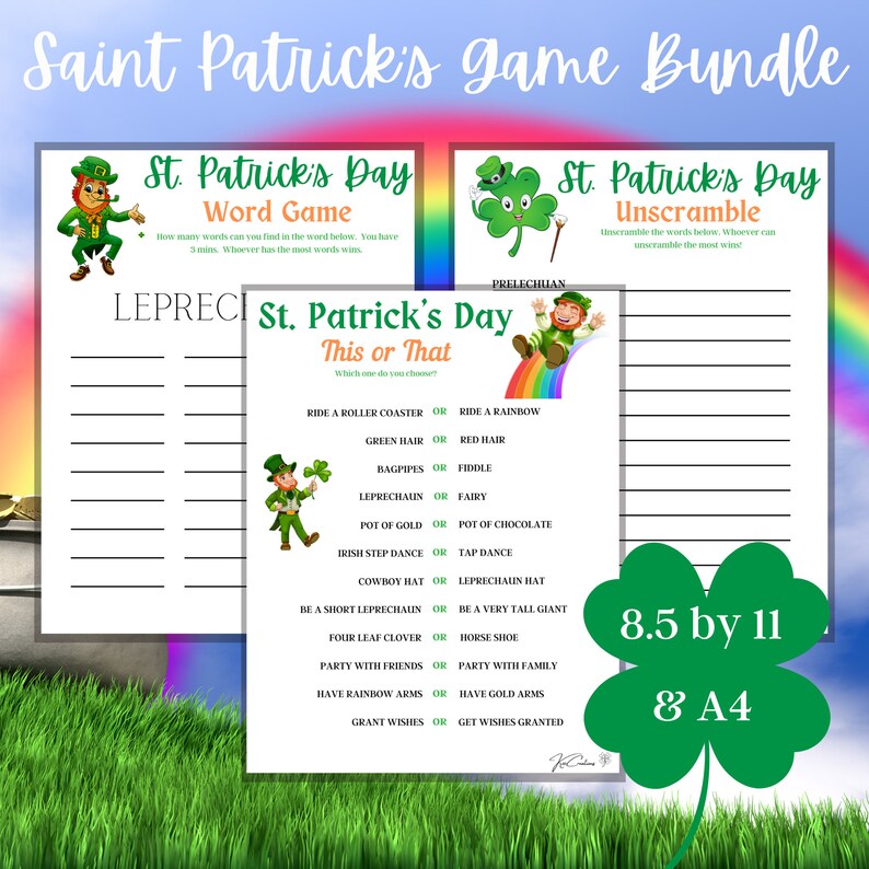 May include: A printable St. Patrick's Day game bundle with three different games: word search, unscramble, and this or that. The games are designed for 8.5 by 11 inch paper and are suitable for A4 paper.
