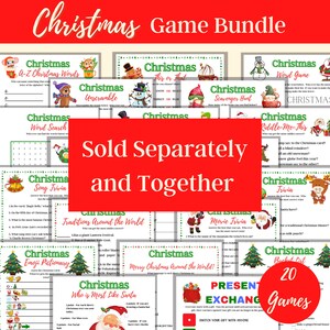 May include: A red and green Christmas game bundle with 20 games. The games include Christmas word search, scavenger hunt, trivia, and more. The text "Sold Separately and Together" is in large white letters on a red background.