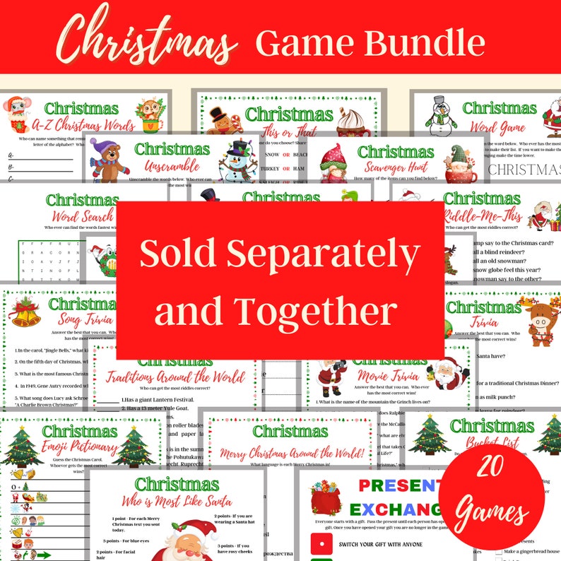 May include: A red and green Christmas game bundle with 20 games. The games include Christmas word search, scavenger hunt, trivia, and more. The text "Sold Separately and Together" is in large white letters on a red background.