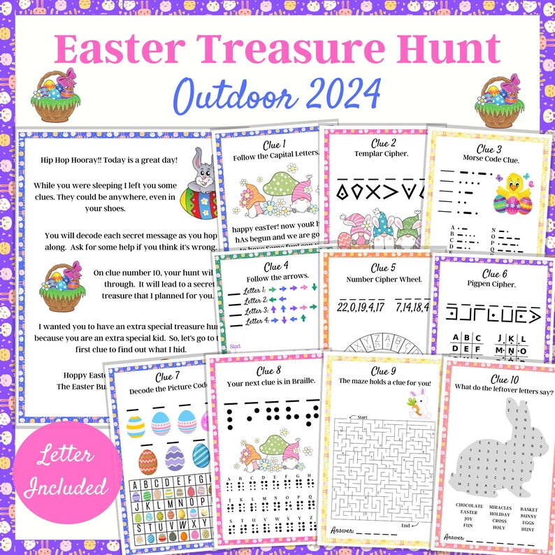 Easter Bunny Letter with 10 decode the clues treasure hunt for teens and older kids and adults.