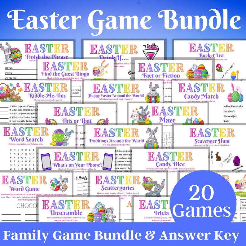 Easter Games, 20 Game Bundle, Virtual Party Games, Easter Activity, Games for kids, Games for Adults, Family Games, Classroom Bundle image 1