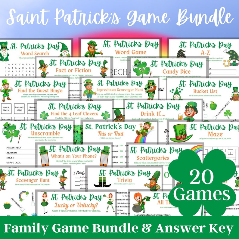 May include: A set of 20 printable St. Patrick's Day games for families. The games include word searches, scavenger hunts, bingo, trivia, and more. The games are illustrated with cartoon leprechauns and shamrocks.