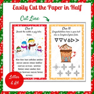 May include: A printable Christmas activity for children. The image shows two cards with instructions for a Christmas-themed riddle and a Templar Cipher Code puzzle. The first card features a snowman family and the text "Decode the riddle in pig latin below." The second card features a gingerbread house mug and the text "Congratulations here is your last clue in Templar Cipher Code."