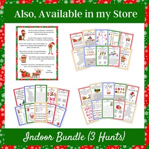 May include: A set of printable Christmas scavenger hunt activity sheets for kids. The sheets feature a variety of puzzles, mazes, and word searches. The text on the sheets reads "Ho ho ho, Merry Christmas, I checked my list and I checked twice and I see that you have been super nice!" and "Indoor Bundle (3 Hunts)".