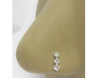 20G Diamond 3 Stone CZ Crystal Drop Silver Nose Stud Nose Ring Nose Jewelry 20 gauge Sterling silver nose stud
