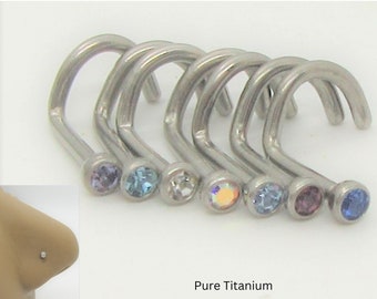 18G Pure Titanium Implant Grade Nose Ring Nose Stud 18g Nose Jewelry 18 Gauge Nose Screw Curl Corkscrew 2mm Crystal Gem