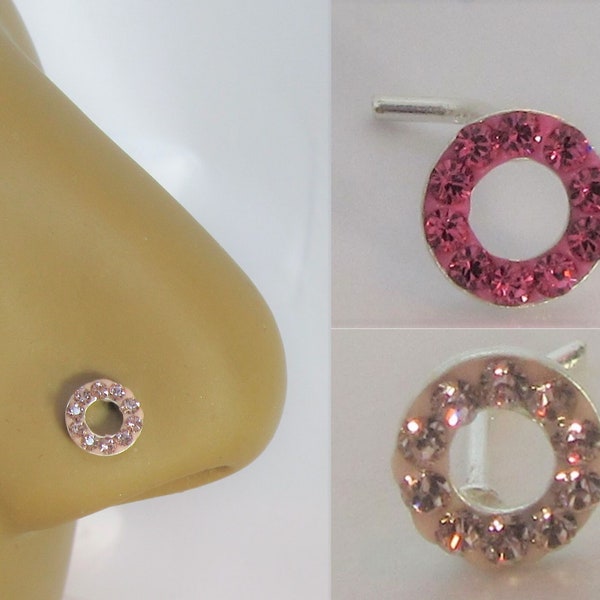 Nose Stud Pin Ring Bent L Shape Round Fuchsia Pink or Light Purple Crystal Gem 20 gauge 20g Pin Nostril