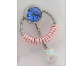 Clitoral Clitorial Clit Hood Bar VCH Vertical  Blue Crystal Pressure Ball Pink Coiled Hoop VCH   Ring 14 Gauge Intimate Jewelry