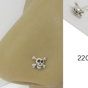 Perno de nariz con forma de calavera y huesos cruzados, tornillo, poste en forma de remolino, joyería de calibre 22, 22G, joyería para la nariz, pasador para fosa nasal