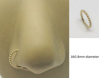 14k Gold Nose Hoop Ring Nostril Hoop Ring Seamless Hoop 16G 8mm 5/16 inch Diameter Nostril