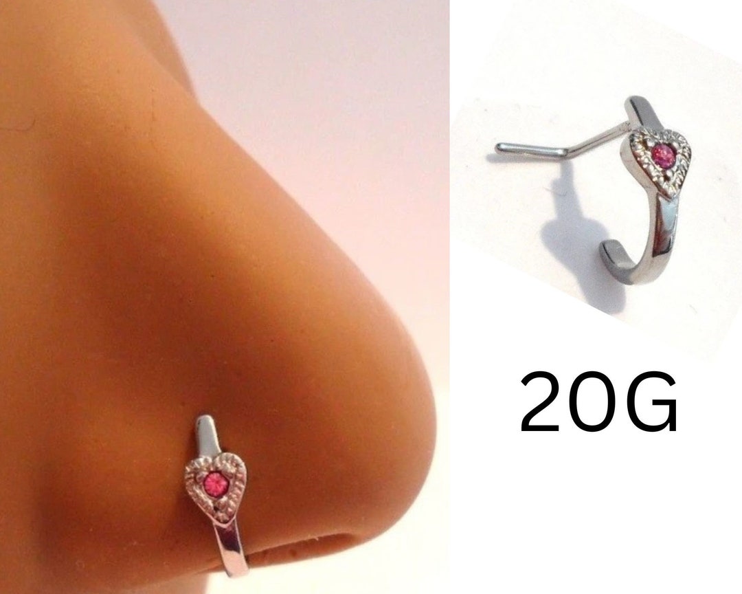 L Shape Nose Ring Stud Pink Heart Crystal Hoop 20g 20 Gauge Fits Nose
