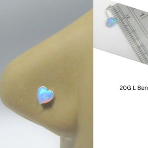 Blue Opal Heart Nose Stud L Bend Shape Bent Post  Jewelry 20 gauge 20G Nose Jewelry Pin Nostril