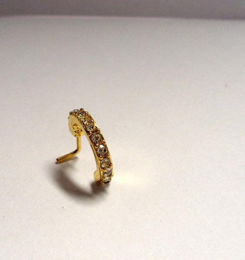 14k Gold Plated L Shape Nose Ring Stud Hoop Clear CZ Crystals - Etsy