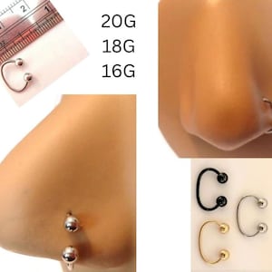 May include: Three silver nose rings with ball ends in different sizes: 20G, 18G, and 16G. A close-up of a nose with a silver nose ring. Three nose rings in different colors: black, silver, and gold.