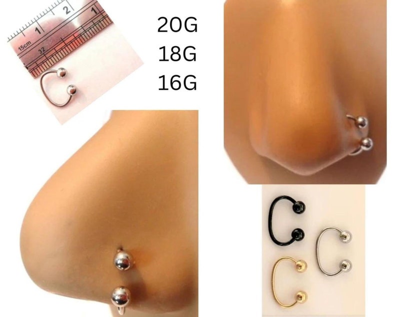 May include: Three silver nose rings with ball ends in different sizes: 20G, 18G, and 16G. A close-up of a nose with a silver nose ring. Three nose rings in different colors: black, silver, and gold.