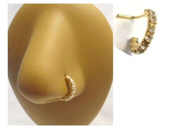 14k Gold Filled Diamond L Shape Nose Ring Stud Hoop Clear CZ Crystals 20g 20 gauge Nostril