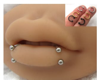Par de anillos para labio con forma de serpiente de 14 g y 16 g, para labio inferior, herraduras de 8 mm y 10 mm, piercings para labios, joyas para labios, plata, negro y oro.