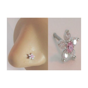 Flower Silver Ball End Nose Bone  Nose Ring Pink Clear Crystals 20g 20 gauge  Pin Nostril